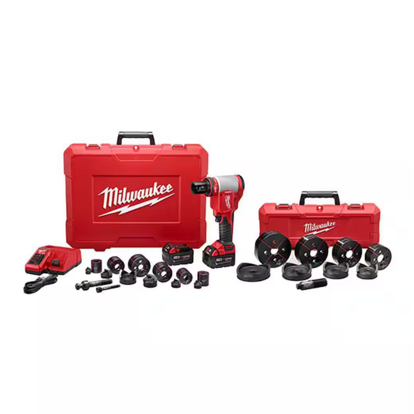Milwaukee tool set with drill, bits, and case on a white background